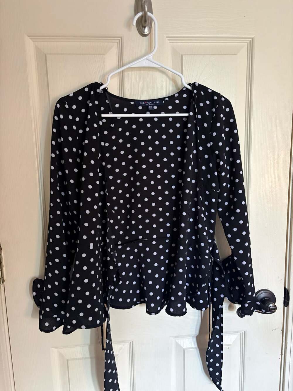 One Clothing Women's Polka Dot Long Sleeve Wrap Blouse with Tie Waist